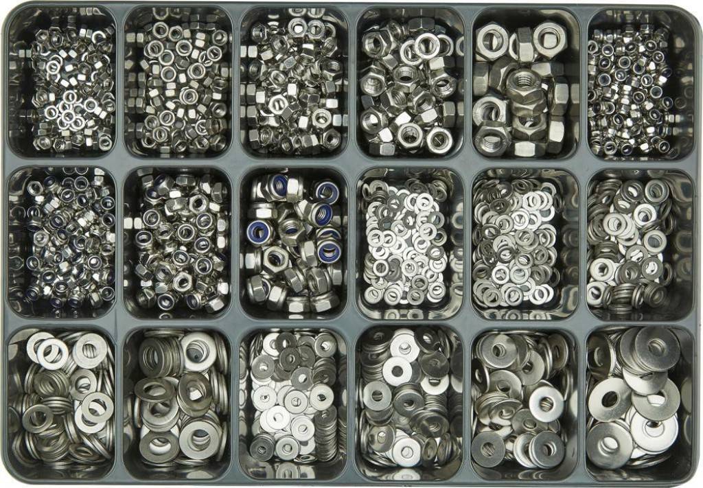 Edelstahl-Sortiment A2Sortiment Nr. 23 1525-teiliges Edelstahl A2-Sortiment Muttern, DIN 934 Sicherungsmuttern, DIN 985 und Scheiben, DIN 125 DIN