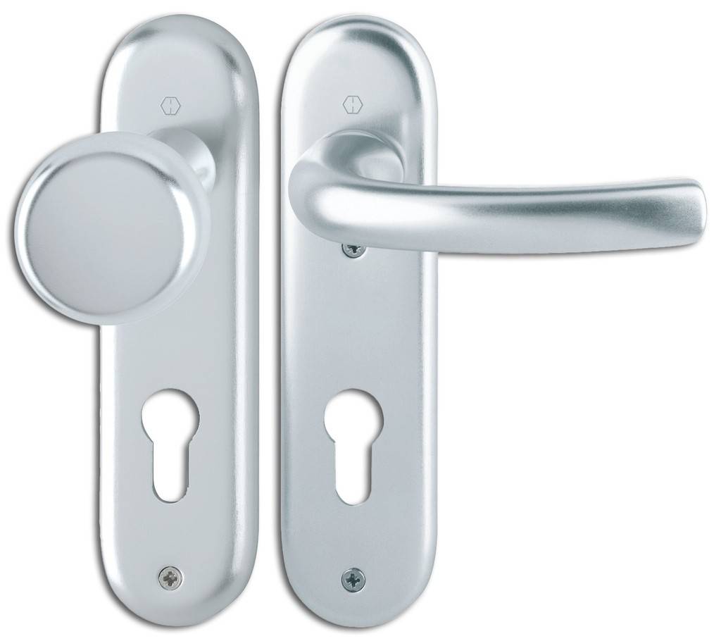 HOPPE-Aluminium-Kurzschild-Wechsel-Garnitur für Wohnungsabschluss-Türen geprüft nach DIN EN 1906 37-0140U, Objekt-Garnitur Lagerung außen Kn
