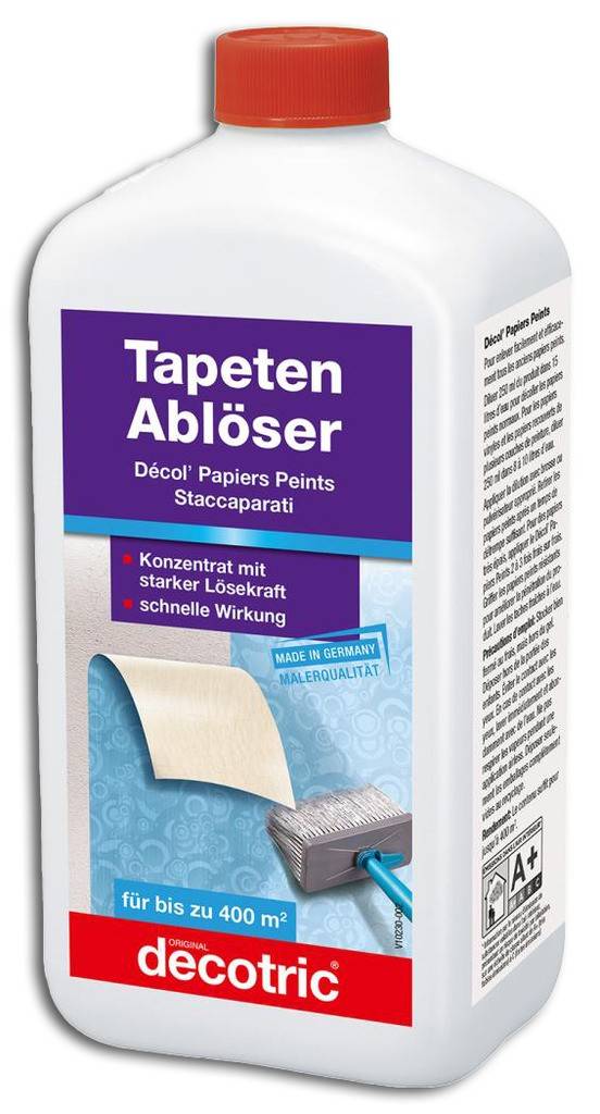 decotric Tapetenablöserhochwirksames Konzentrat mit starker Lösekraftschnelles Durchweichen der Tapetesehr ergiebigenthält biologisch abbaubare Ten