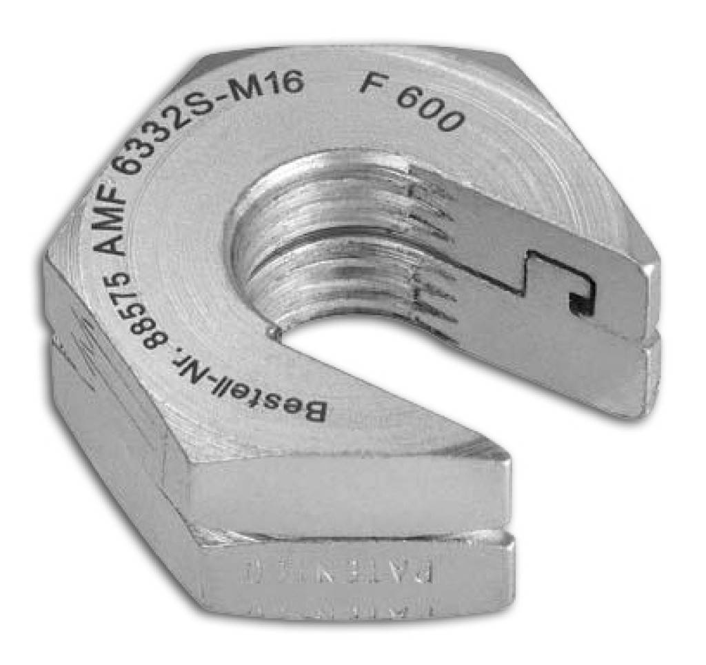 Metallische sechskant-Spannmutter mit offener gewindelter Mitte, gekennzeichnet mit „AMF 6332S-M16