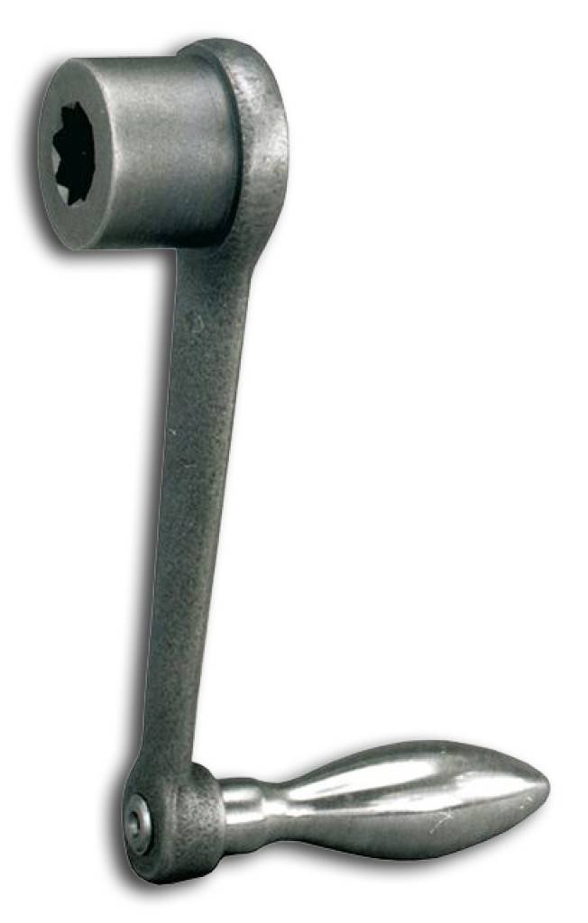 Metallische Handkurbel-Schraubenschlüssel mit zylindrischem Steckschlüssel-Kopf und gebogenem silbernem Griff, dargestellt auf weißem Hintergrund.