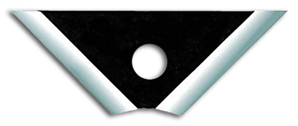 Abstraktes schwarzes umgekehrtes Dreieck mit einem weißen Kreis oben in der Nähe, begrenzt durch metallisch silberne Kanten auf weißem Hintergrund.