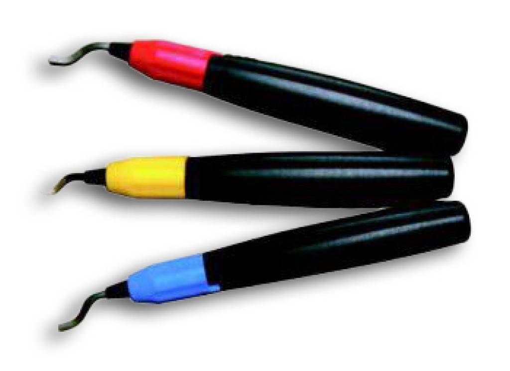 Universal-Entgrater-SatzAusführungMit stabilen Handgriffen mit Aufnahme für Schaft-Ø 3,2 mm.Satzinhalt Rot HSS-Klinge GT-E 200 für Guss und Mes