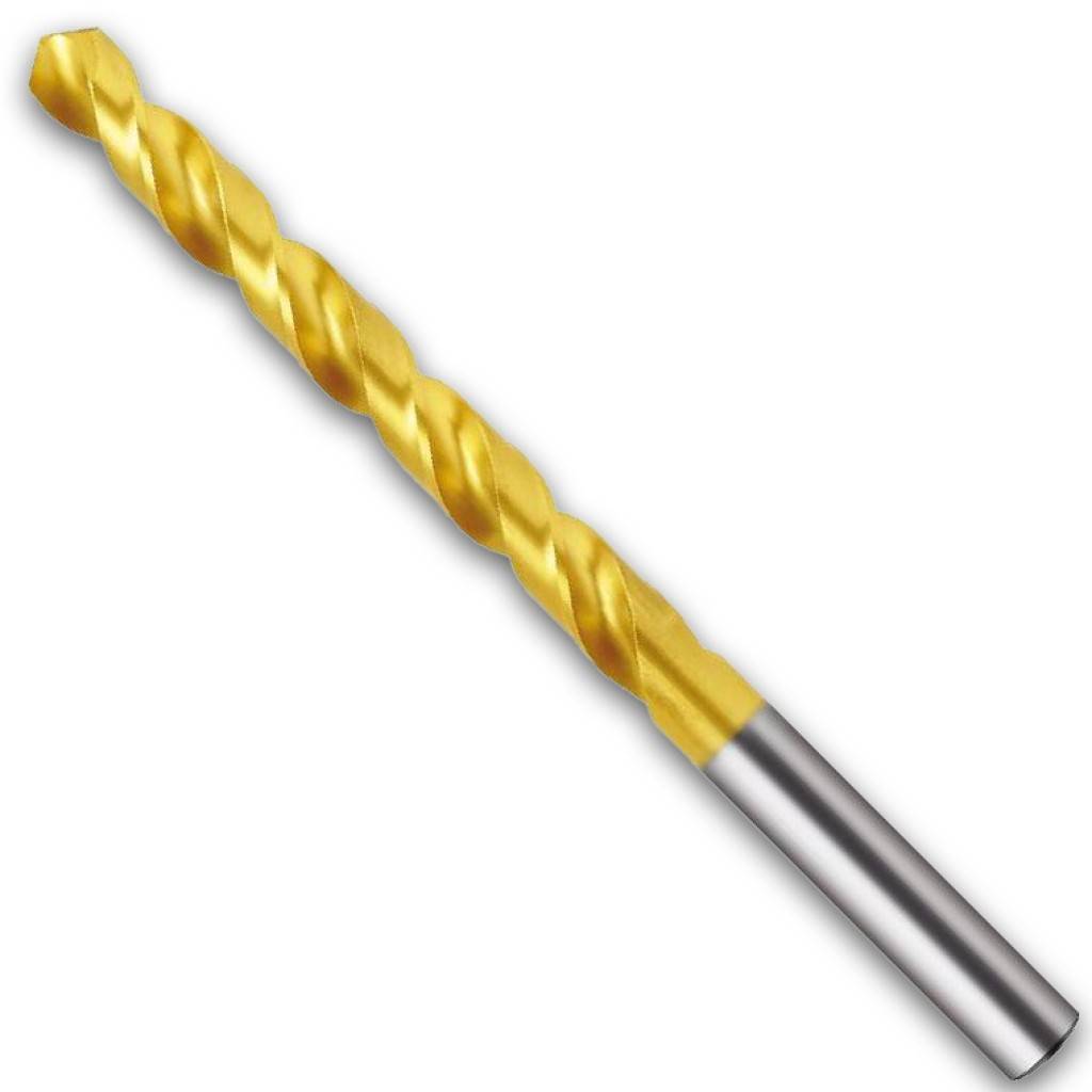Goldener Spiralbohrer mit silbernem Schaft auf weißem Hintergrund.