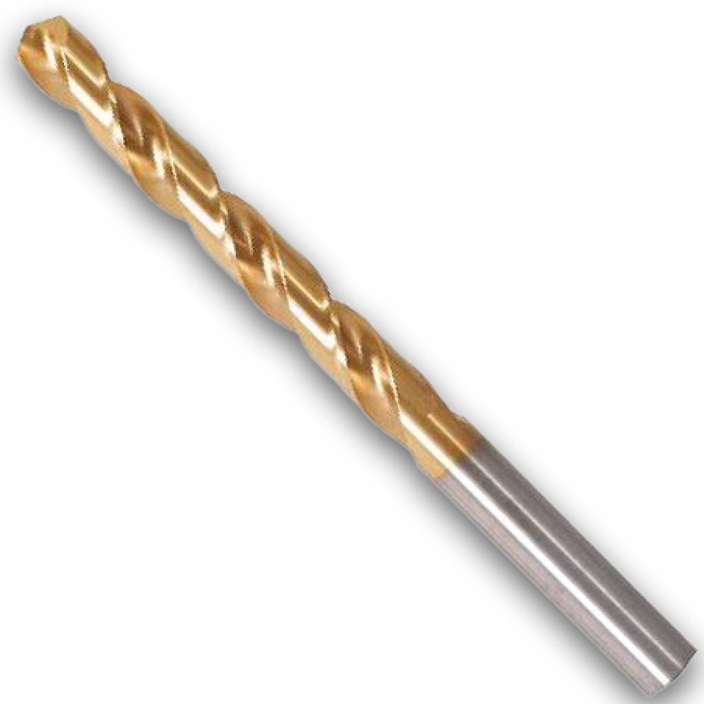 Nahaufnahme eines goldfarben beschichteten Spiralbohrers mit silberfarbenem Schaft auf weißem Hintergrund.