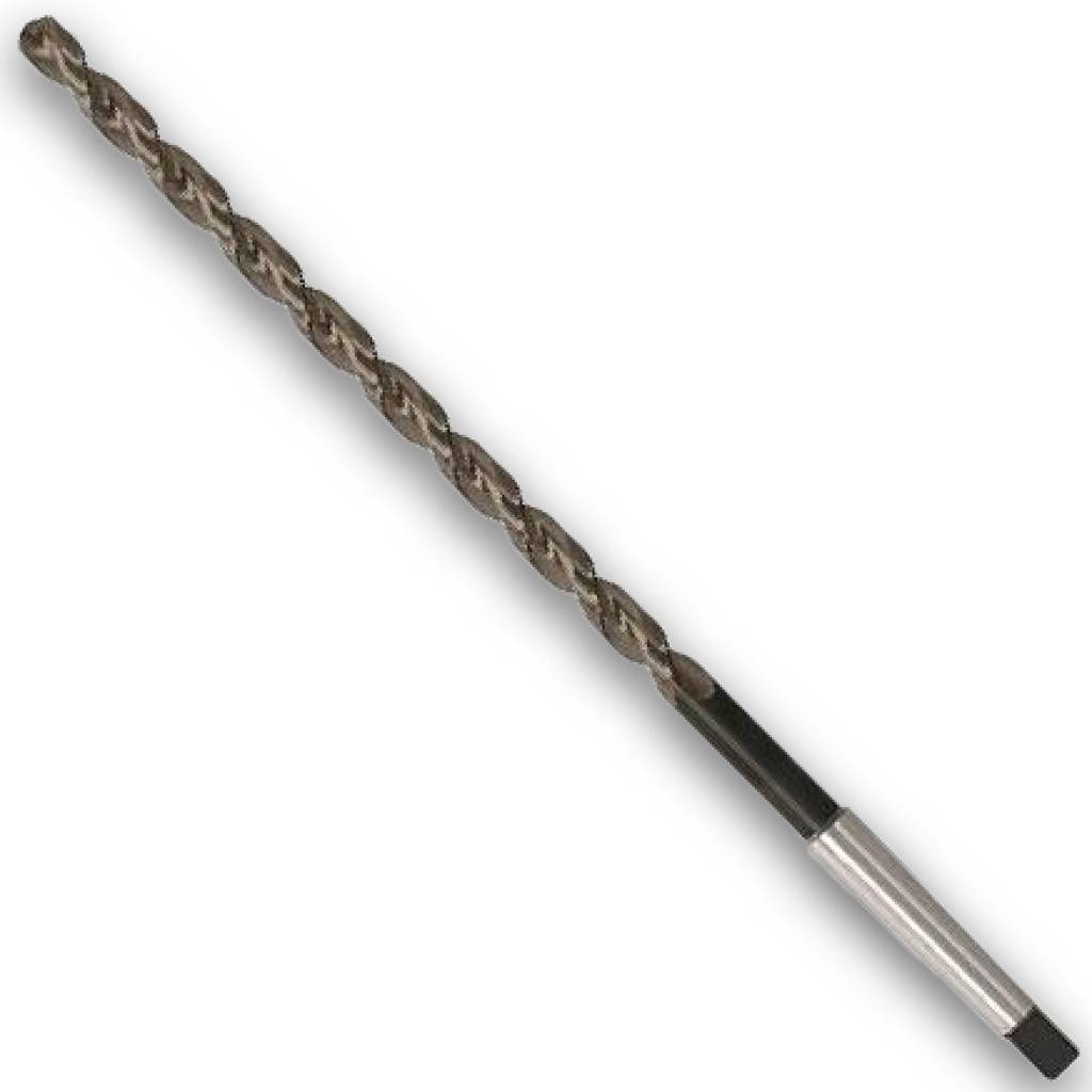 Ein geflochtener Metallbohrer mit silbernem Schaft auf weißem Hintergrund.