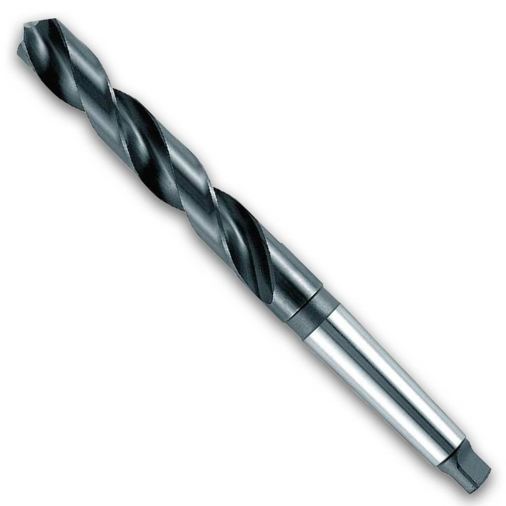 Nahaufnahme eines Metallspiralbohres mit konischem Schaft auf weißem Hintergrund.