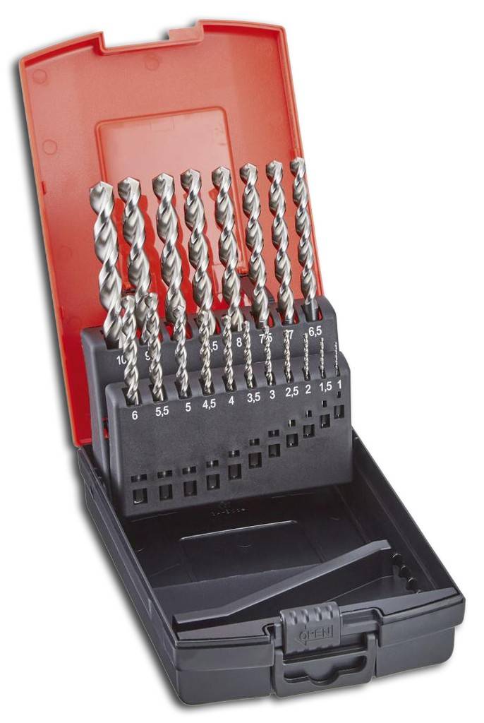 Spiralbohrer-Satz mit zyl. SchaftAusführungBesonders stabiles Modell. Profilgeschliffen, rechtsschneidend, Oberfläche blank, ab 2,4 mm Fasen nitrier