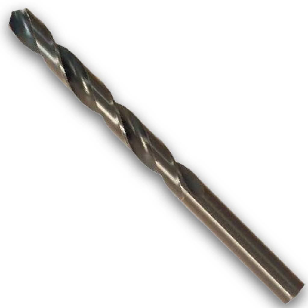 Ein Metallspiralbohrer mit spitzer Spitze, diagonal auf einem einfachen weißen Hintergrund dargestellt.