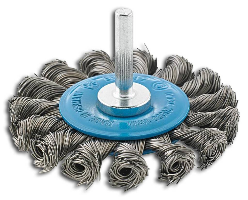 Werkzeug-Rundbürste, Stahldraht, gezopftAusführungMit 6-mm-Schaft.AnwendungZum Einsatz in Bohrmaschinen und schnell laufenden Elektro- und Druckluft