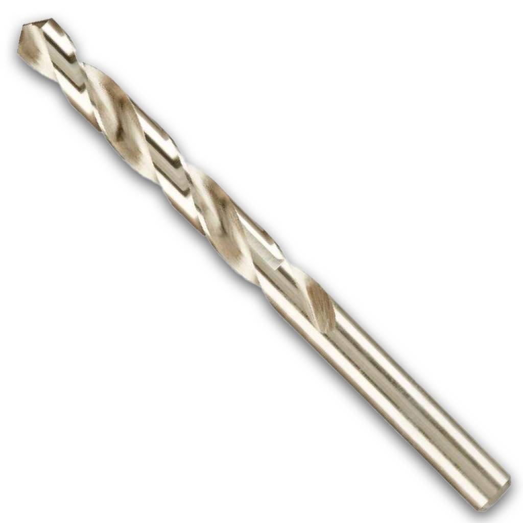 Ein Silbermetall-Spiralbohrer auf weißem Hintergrund, diagonal dargestellt.