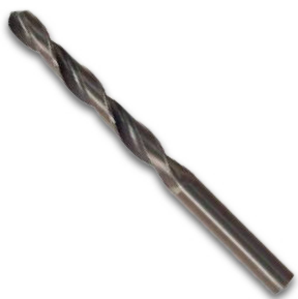 Nahaufnahme eines Metallspiral-Bohrers auf weißem Hintergrund, diagonal angewinkelt.