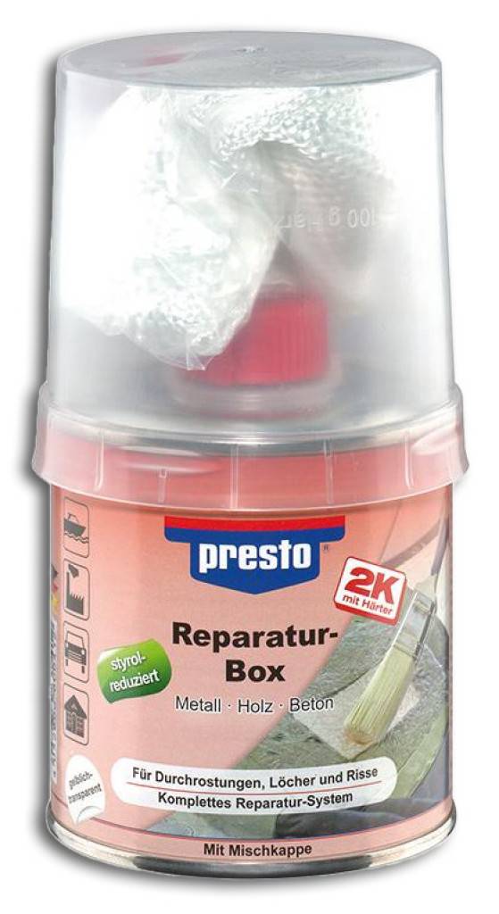 presto Reparaturbox 2 KReparaturpackung mit ungesättigtem, elastifiziertem Polyesterharz, Härter sowie Glasfaservlies und Glasfasergewebe. Zum Über