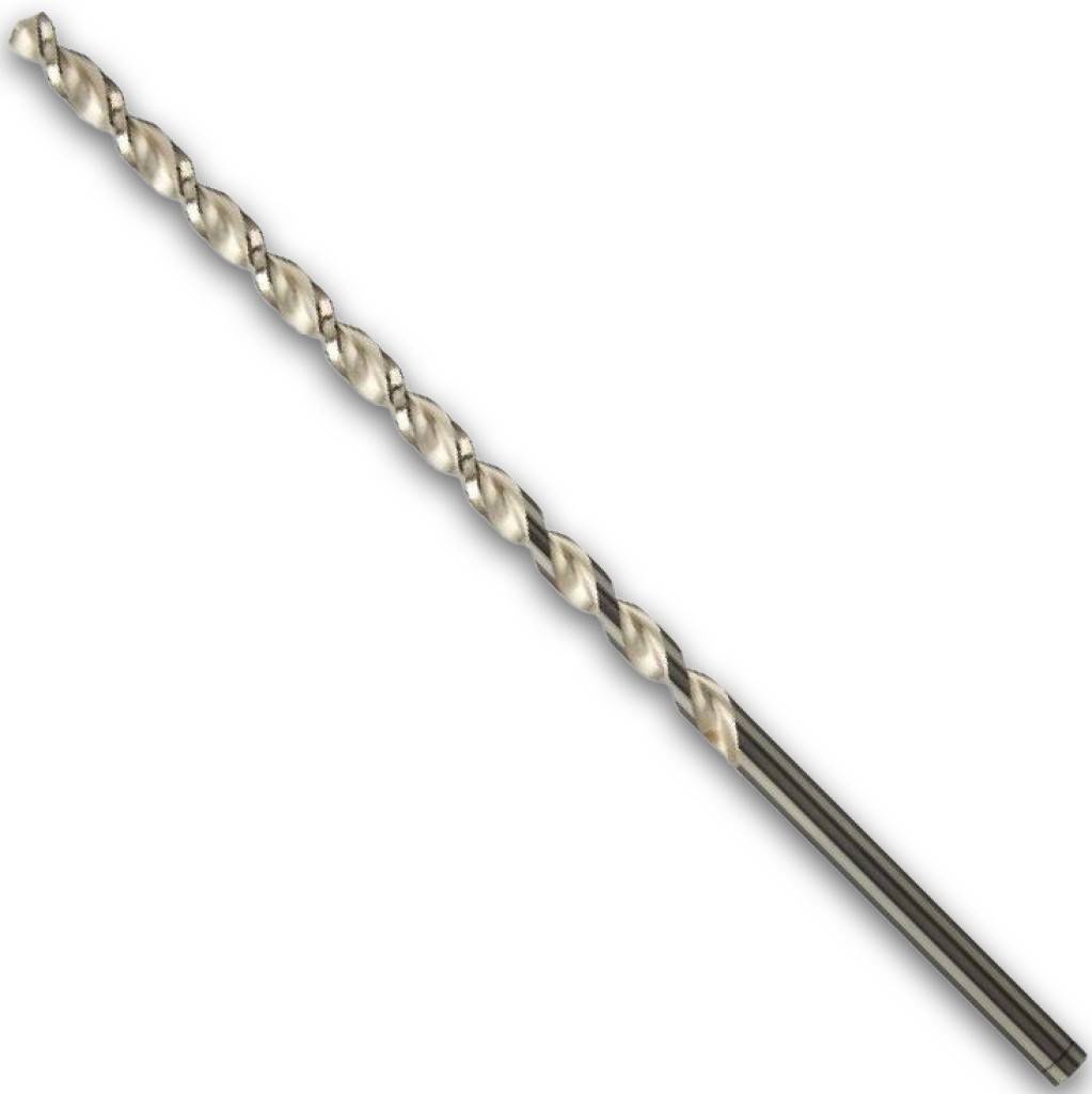 Ein Metallspiralbohrerbit mit Wendelnut, diagonal auf weißem Hintergrund dargestellt.
