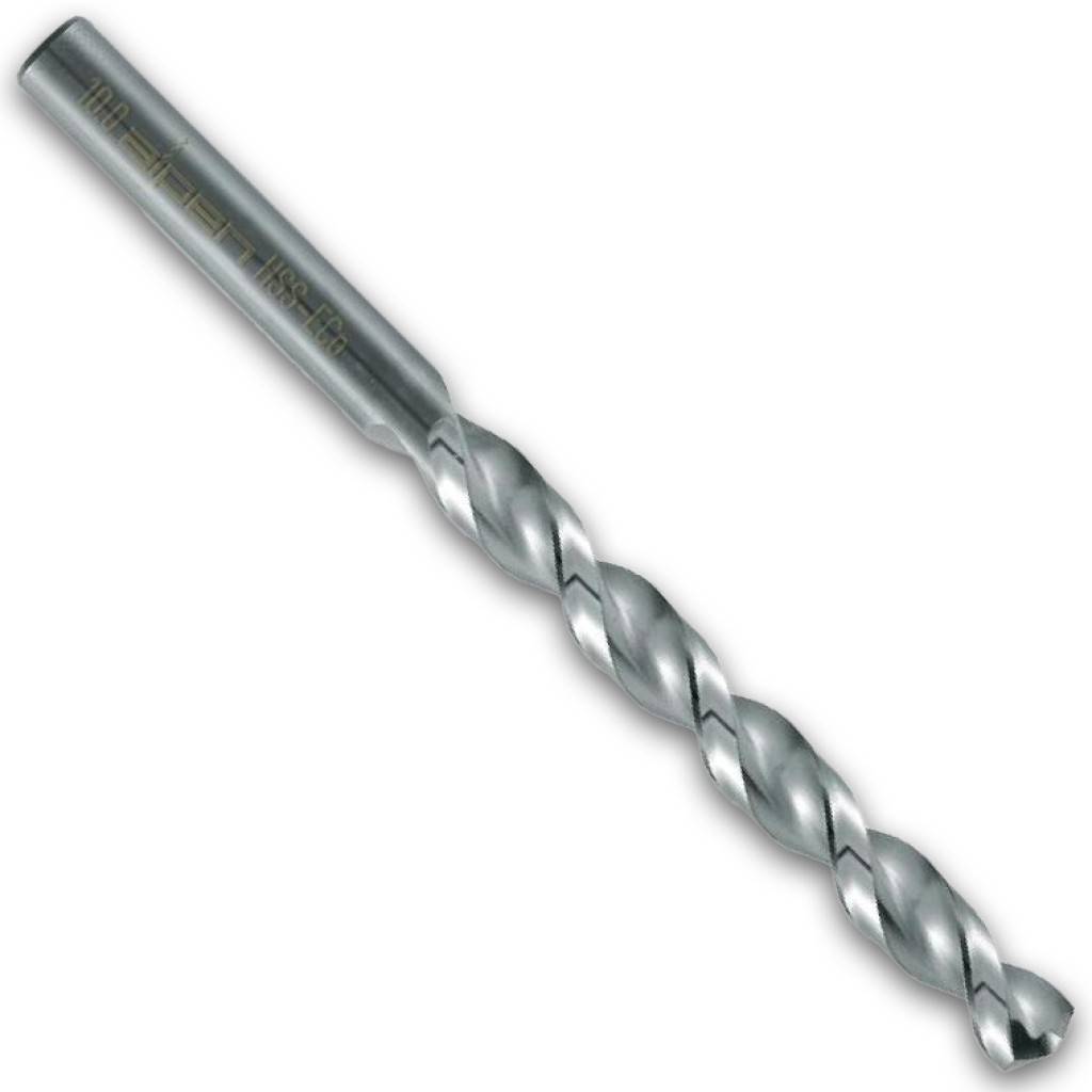Ein Silber-Metallwendelbohrer mit zylindrischem Schaft, dargestellt auf weißem Hintergrund.