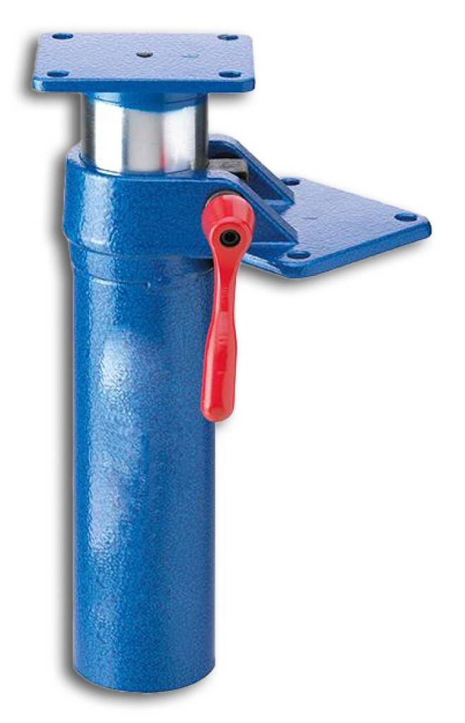 Blauer Stahlwagenheber mit rotem Verriegelungshebel und quadratischer Oberplatte auf weißem Hintergrund.