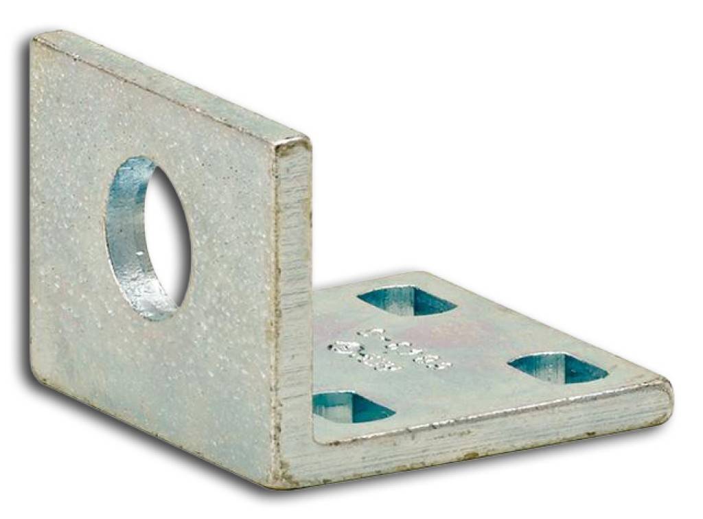 Metallisches L-förmiges Eckwinkel mit einem großen runden Loch und drei kleineren Befestigungslöchern zum Befestigen von Regalen oder Paneelen.