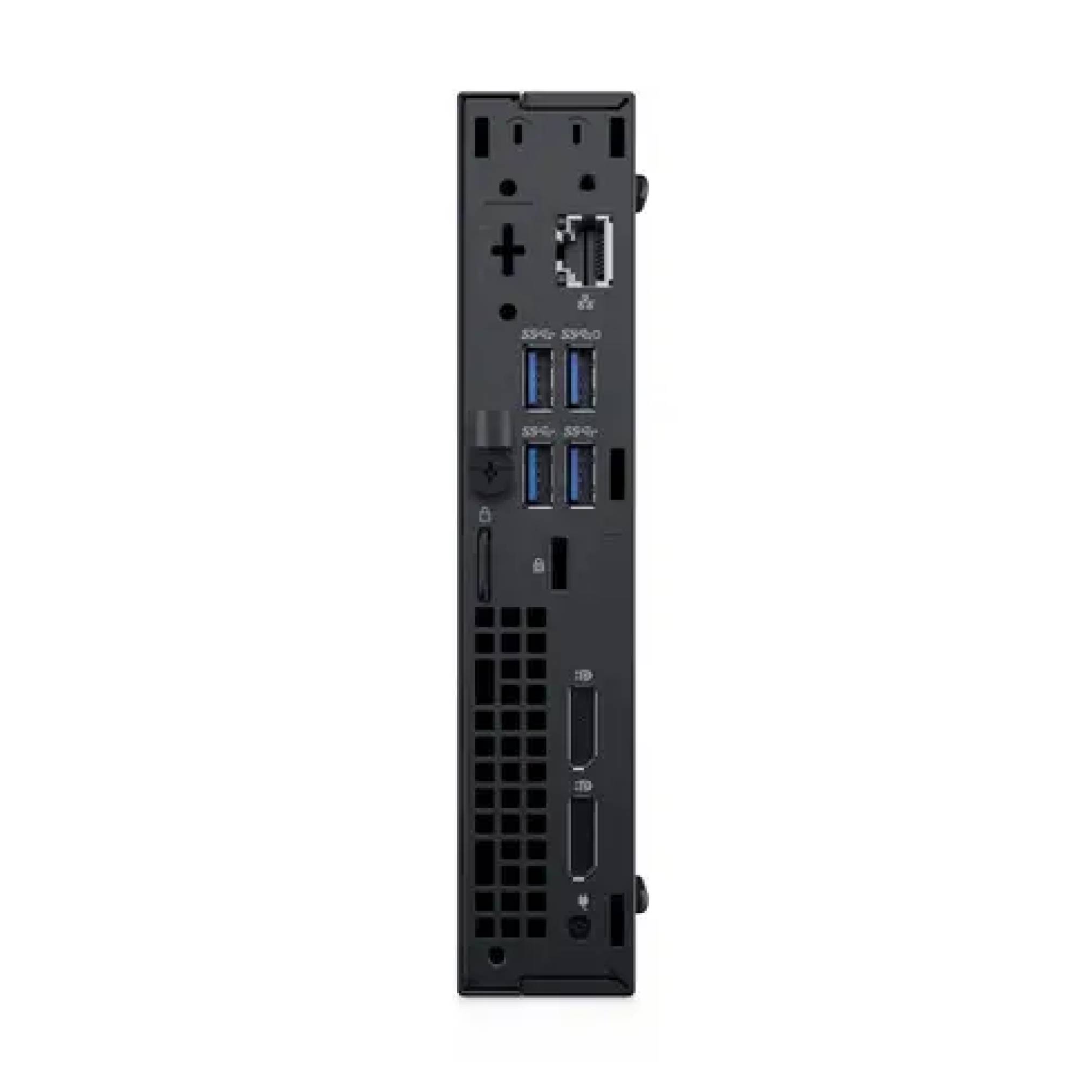 Rückansicht eines kleinen schwarzen Computers oder Mini-PCs mit Anschlüssen, darunter USB, HDMI, Ethernet und Belüftungsöffnungen.