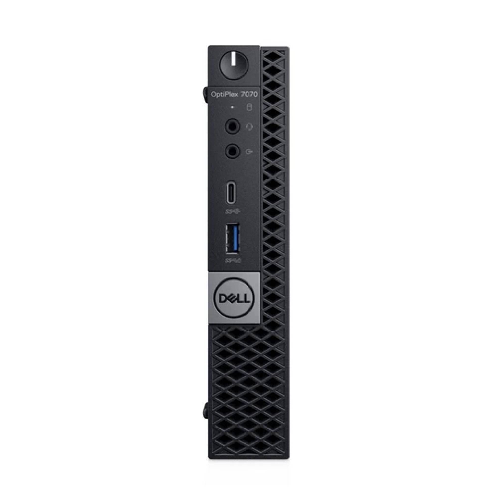 Vorderansicht eines Dell OptiPlex 7070 Compact Desktop Towers mit Stromschalter, Audiobuchsen, USB-C, USB-Anschluss und Dell-Logo.