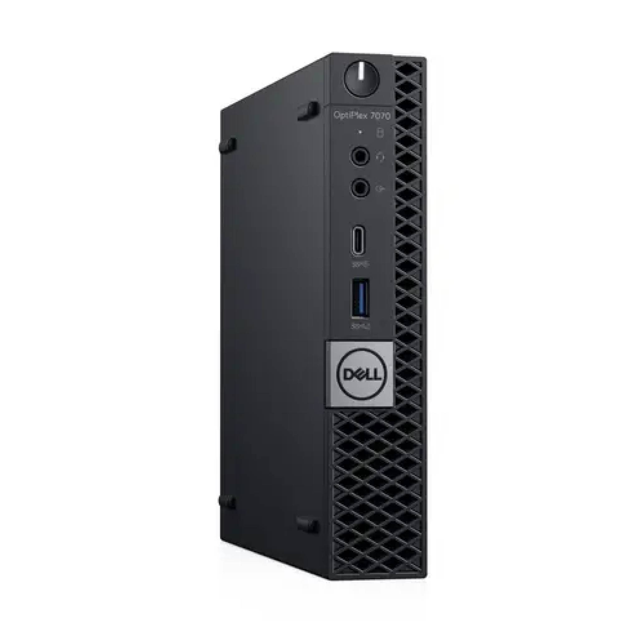 Schwarzer Dell OptiPlex Thin-Client-Tower in Seitenansicht, mit Frontschalter, Anschlüssen und Dell-Logo.