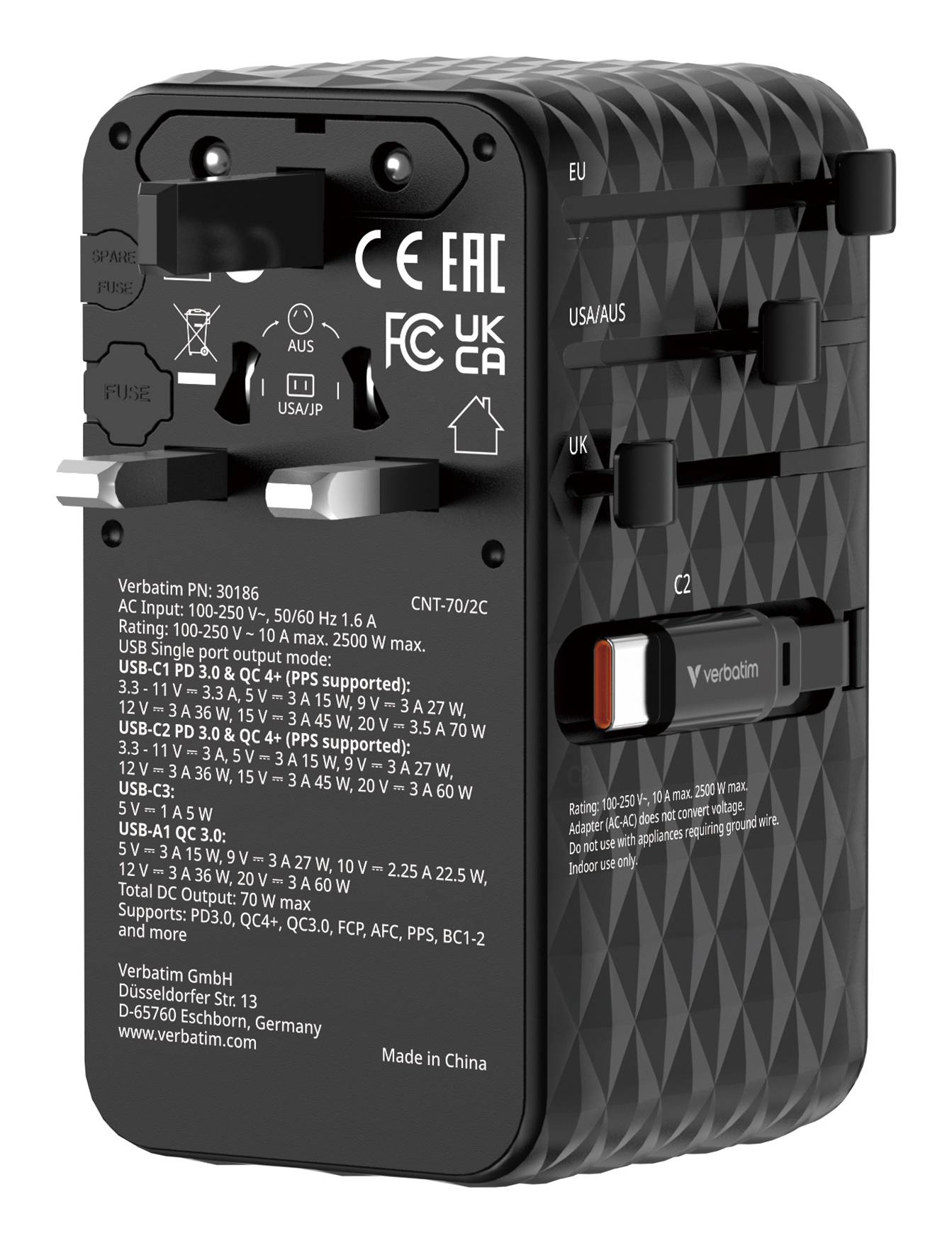 Verbatim 30186 Verbatim Charge'n'Travel Adapter 70W 2C retractable black