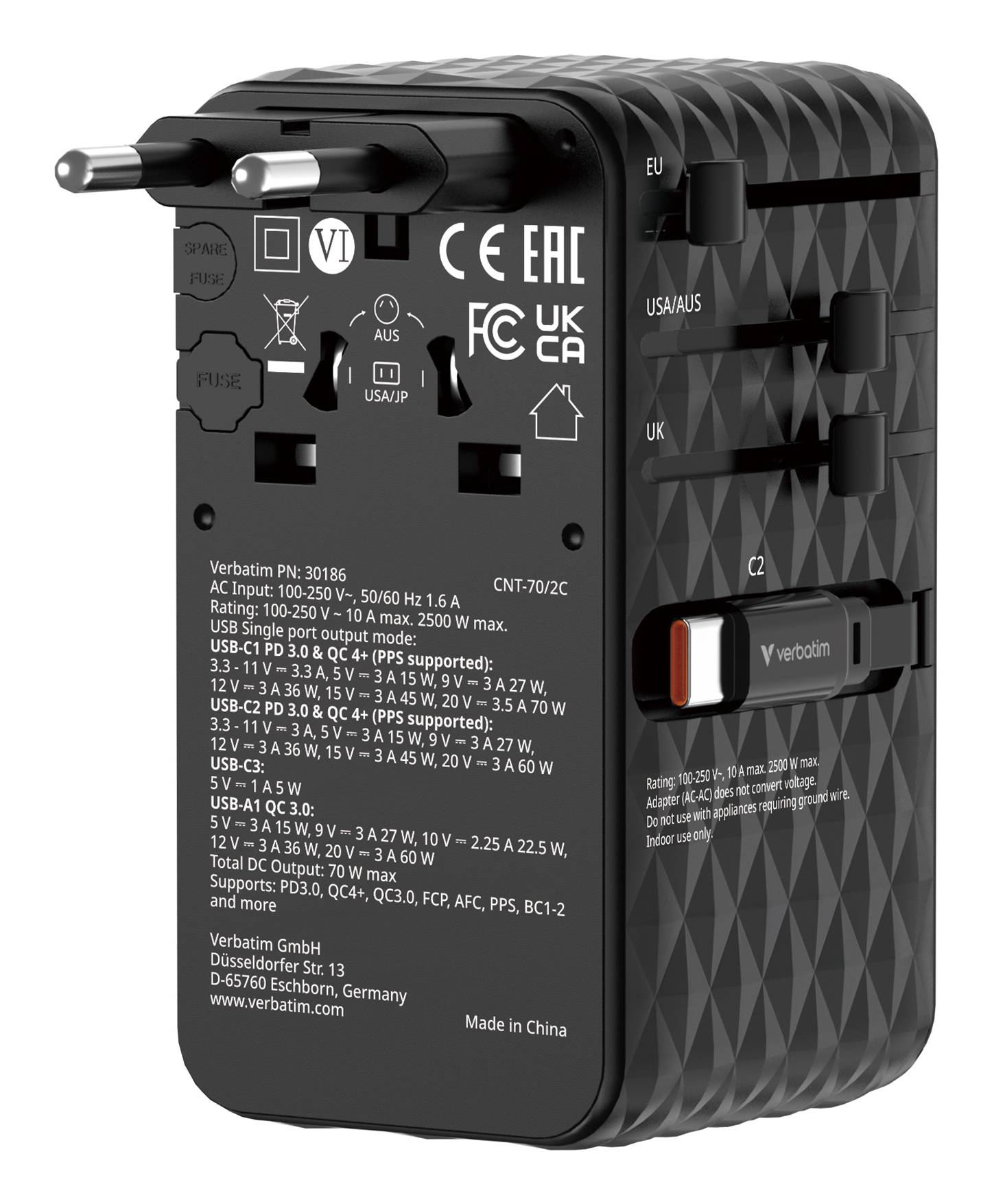 Verbatim 30186 Verbatim Charge'n'Travel Adapter 70W 2C retractable black