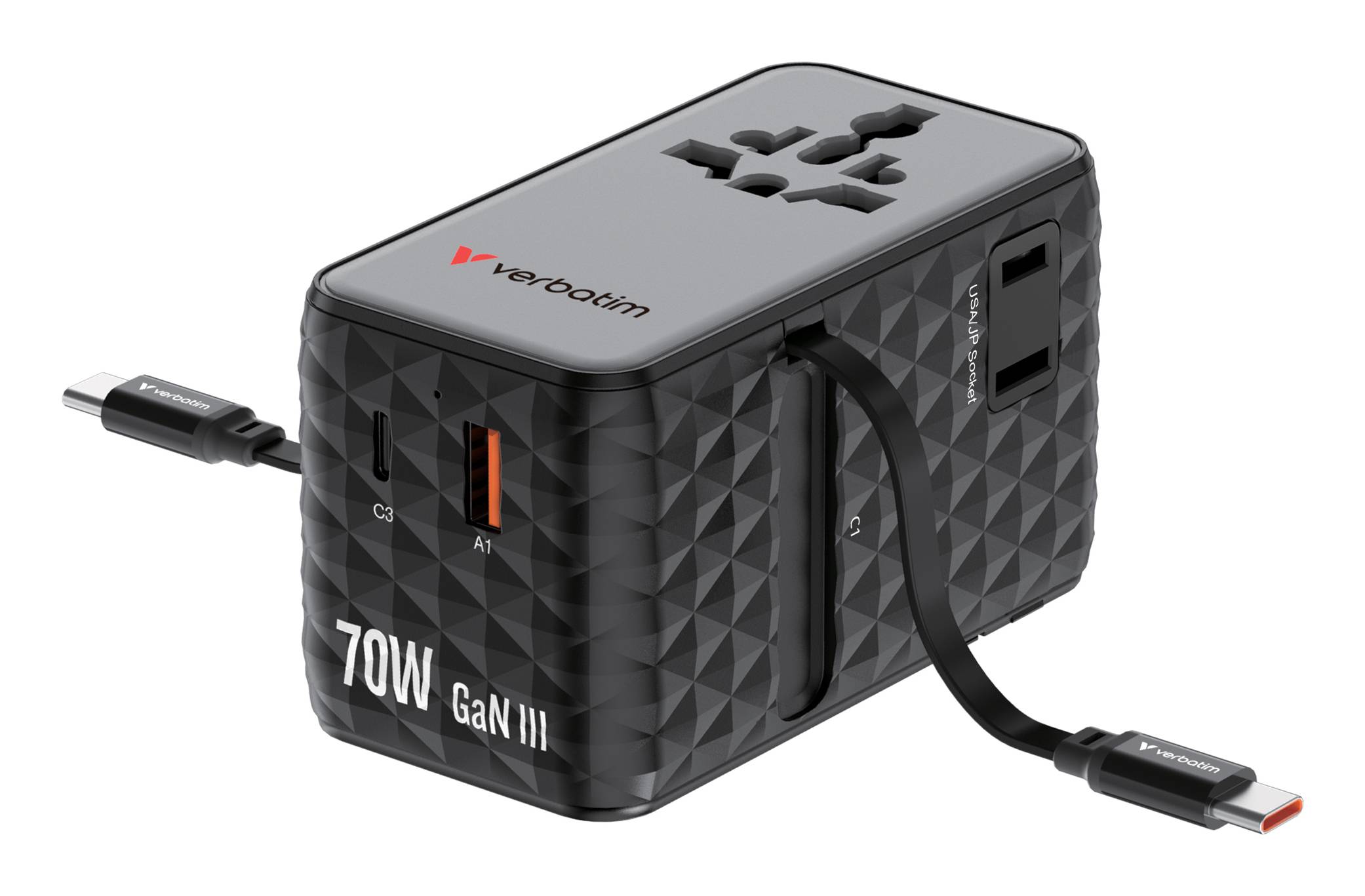Verbatim 30186 Verbatim Charge'n'Travel Adapter 70W 2C retractable black