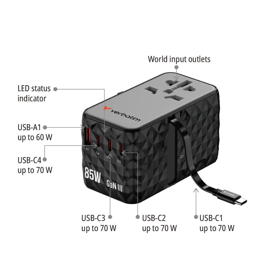 Verbatim 32127 Verbatim Charge'n'Travel Adapter 85W retractable cable