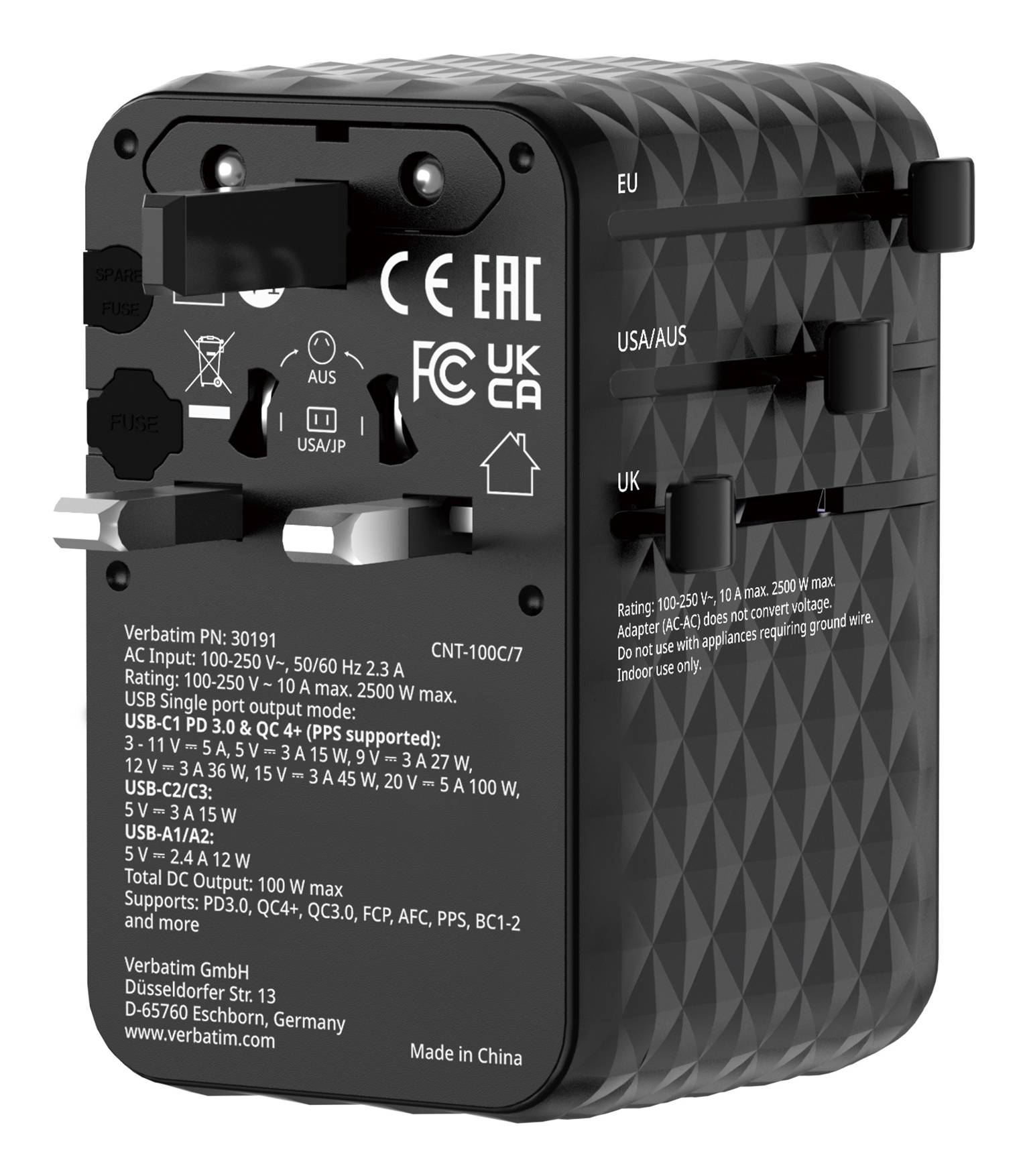 Verbatim 30191 Verbatim Charge'n'Travel Adapter 100W 1C retractable black