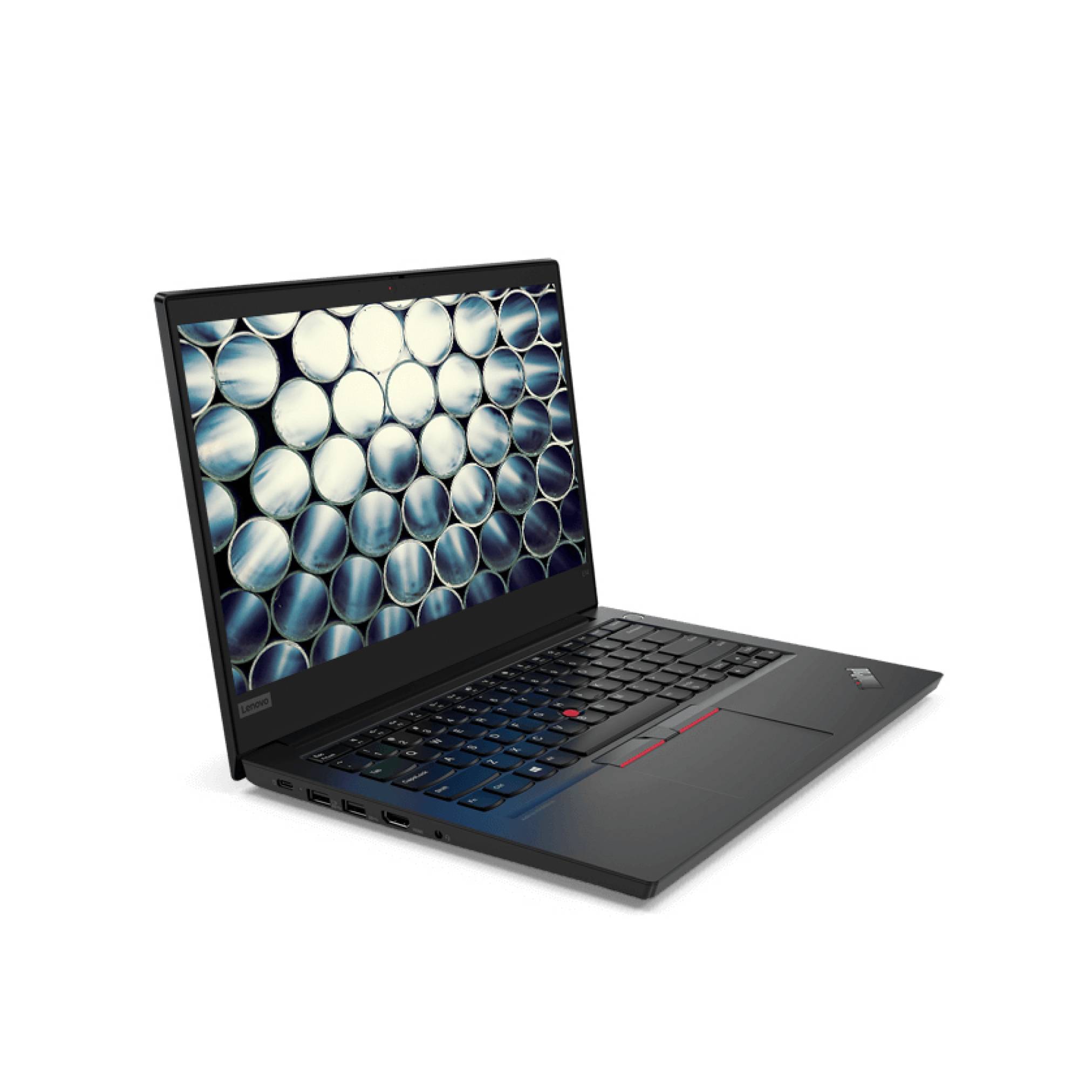 Aufgeklappter schwarzer Laptop in schräger Ansicht auf weißem Hintergrund, mit einem Bildschirm, der ein Muster aus metallischen Kreisen zeigt.