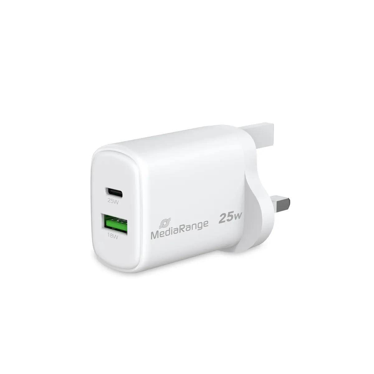 MediaRange MRMA112-UK MediaRange Ladegerät 25W 2-Port 1x USB-A/1x USB-C UK, weiß