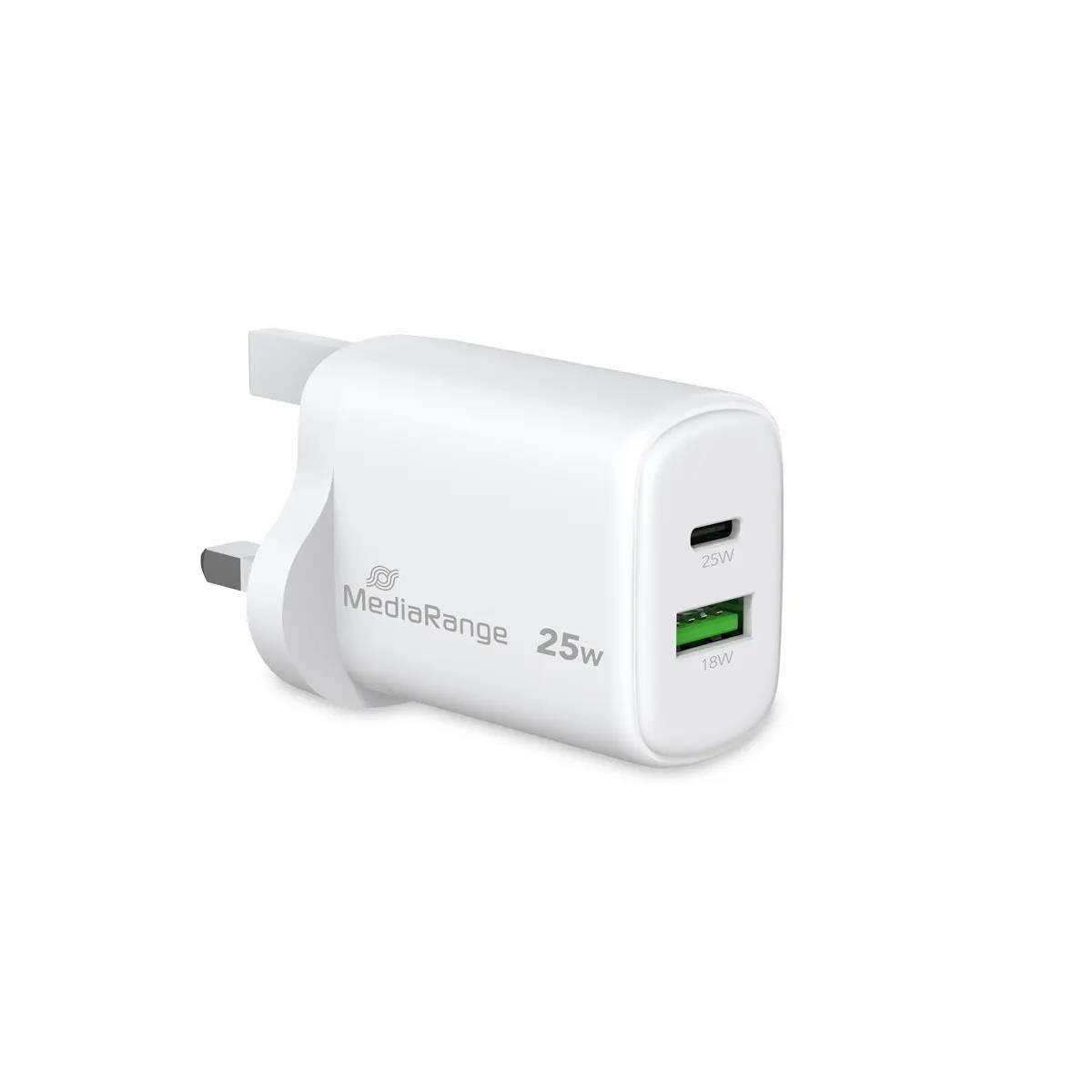 MediaRange MRMA112-UK MediaRange Ladegerät 25W 2-Port 1x USB-A/1x USB-C UK, weiß