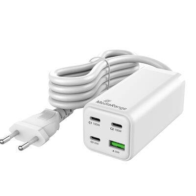 MediaRange MRMA124 MediaRange Ladegerät 100W 4-Port 1x USB-A/3x USB-C GaN, weiß