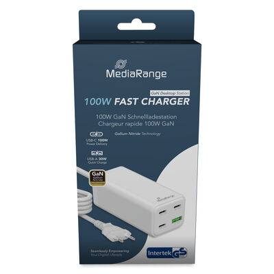 MediaRange MRMA124 MediaRange Ladegerät 100W 4-Port 1x USB-A/3x USB-C GaN, weiß