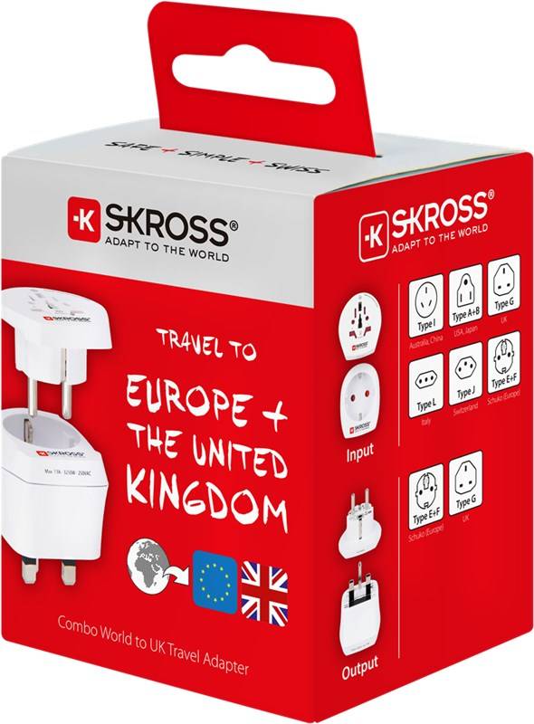SKROSS 39768 Country Combo Welt auf UK, UK-3-Pin-Stecker (Typ G), Weiß - geeignet für alle geerdeten und ungeerdeten Geräte (2- und 3-polig)