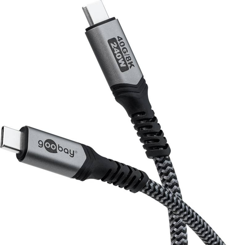 Goobay 74776 USB-C™-Kabel, USB4™ Version 2.0, 1,5 m, schwarz,silber, 1.5 m, schwarz-silber - 240 W, 5 A, 80 Gbit/s, Power Delivery, Textilmantel