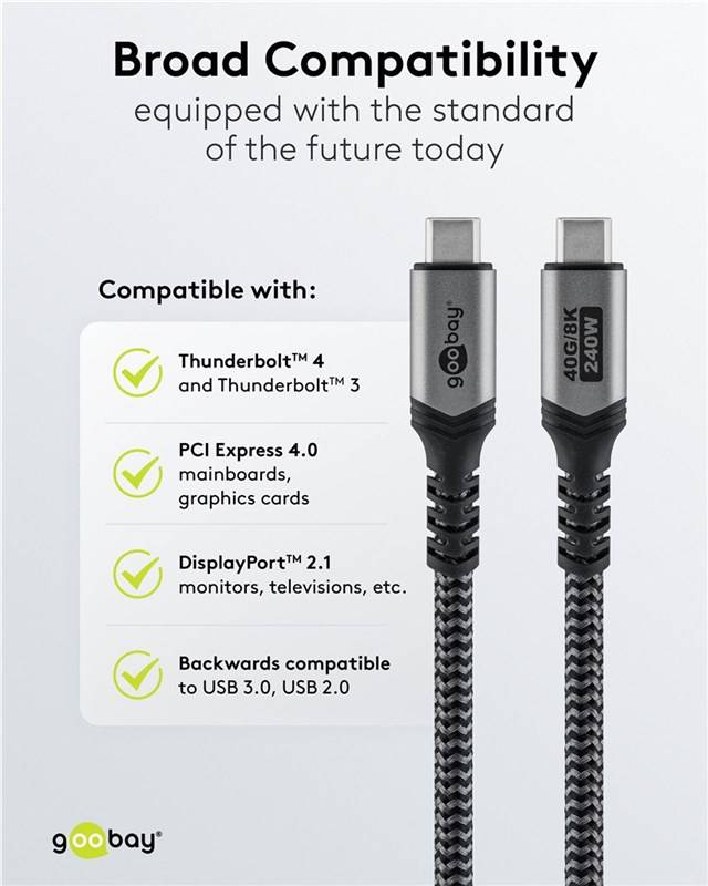 Goobay 74776 USB-C™-Kabel, USB4™ Version 2.0, 1,5 m, schwarz,silber, 1.5 m, schwarz-silber - 240 W, 5 A, 80 Gbit/s, Power Delivery, Textilmantel