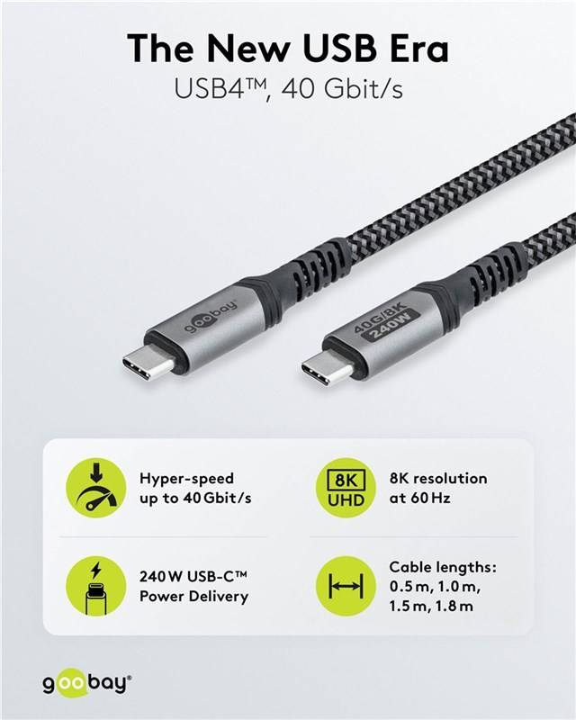 Goobay 74776 USB-C™-Kabel, USB4™ Version 2.0, 1,5 m, schwarz,silber, 1.5 m, schwarz-silber - 240 W, 5 A, 80 Gbit/s, Power Delivery, Textilmantel