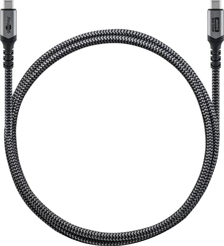 Goobay 74776 USB-C™-Kabel, USB4™ Version 2.0, 1,5 m, schwarz,silber, 1.5 m, schwarz-silber - 240 W, 5 A, 80 Gbit/s, Power Delivery, Textilmantel