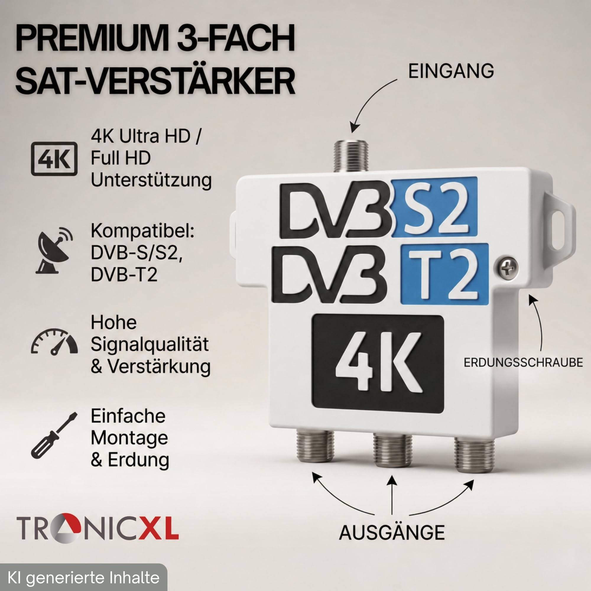 60dB Signalverstärker mit 3-fach Sat Splitter Antennenverteiler DVB-S2 DVB-T2 Antenne