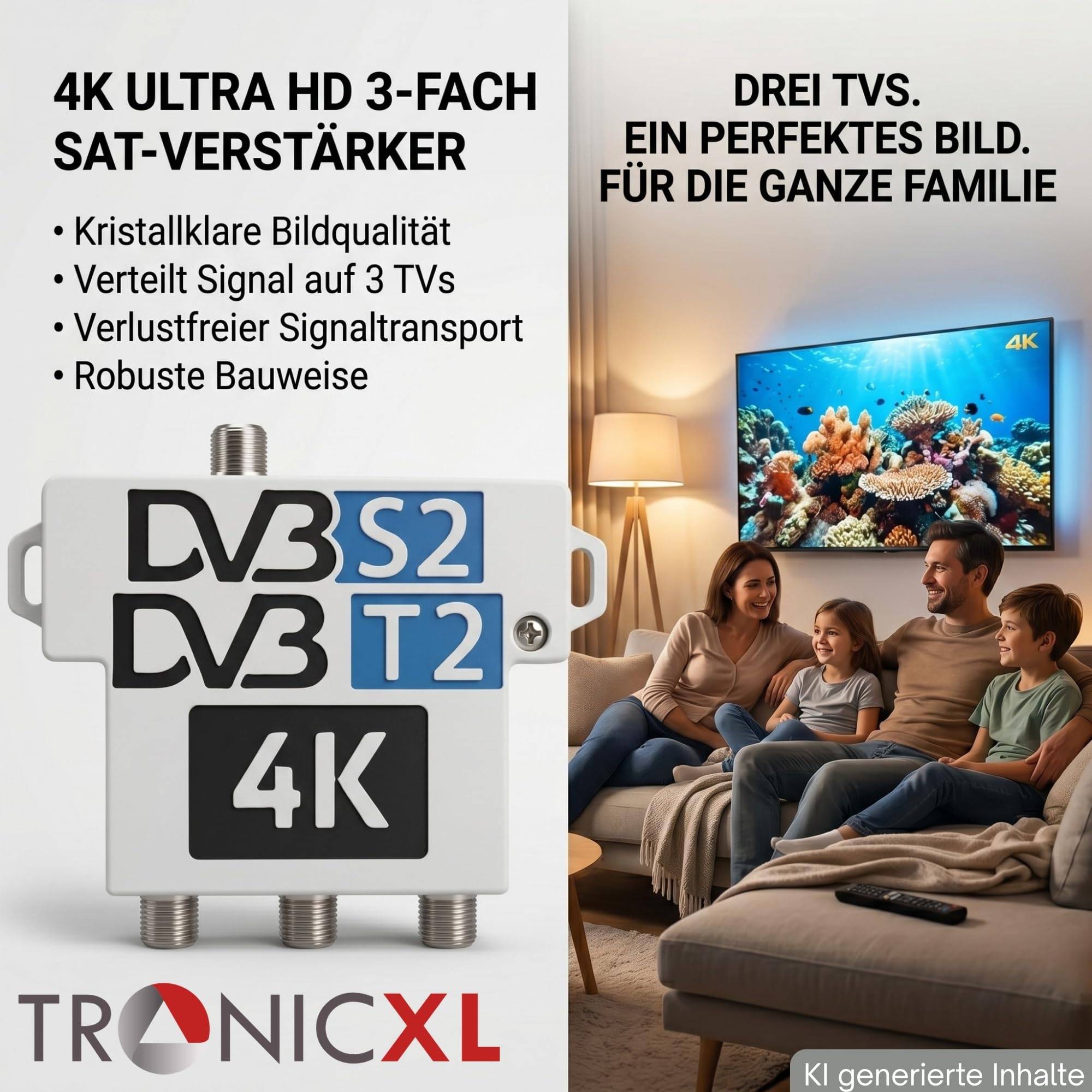 60dB Signalverstärker mit 3-fach Sat Splitter Antennenverteiler DVB-S2 DVB-T2 Antenne