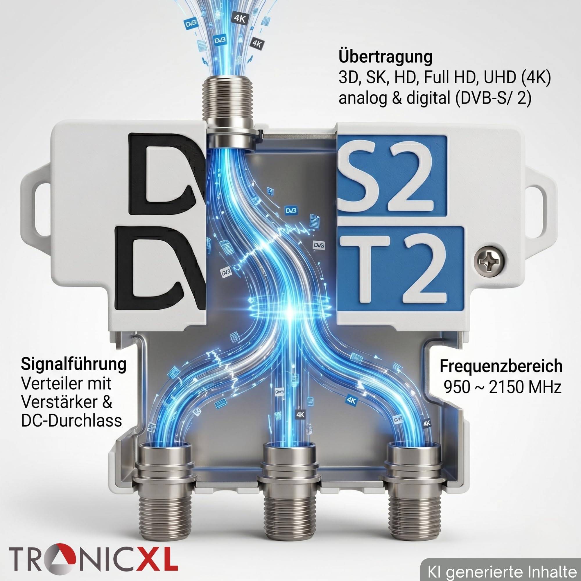 60dB Signalverstärker mit 3-fach Sat Splitter Antennenverteiler DVB-S2 DVB-T2 Antenne
