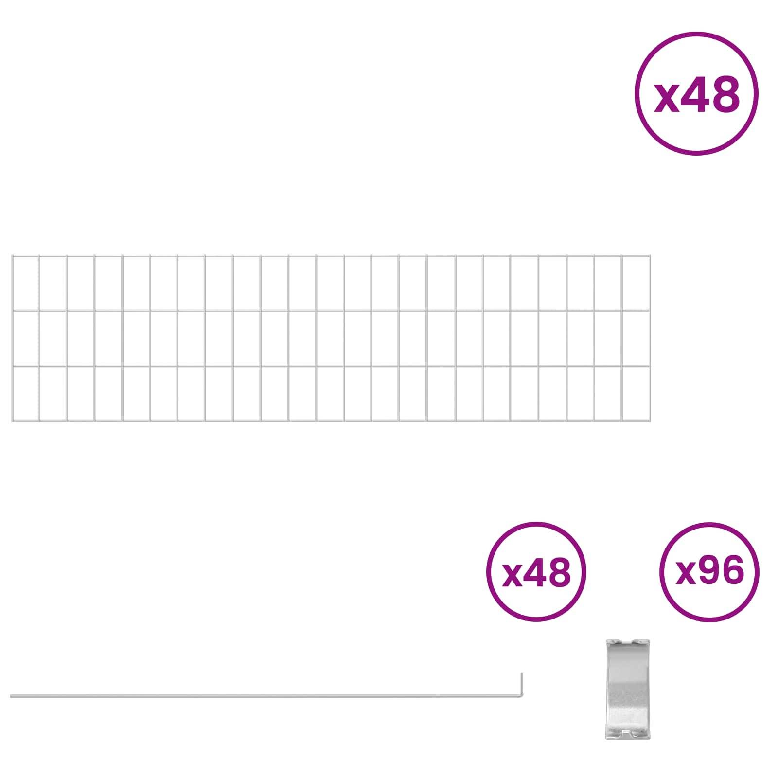 Verpackungsdiagramm, das einen langen Gitterstreifen und Anzahlen x48, x48 und x96 neben einer kleinen silbernen Komponente zeigt, was auf die Menge oder das Montagelayout hinweist.
