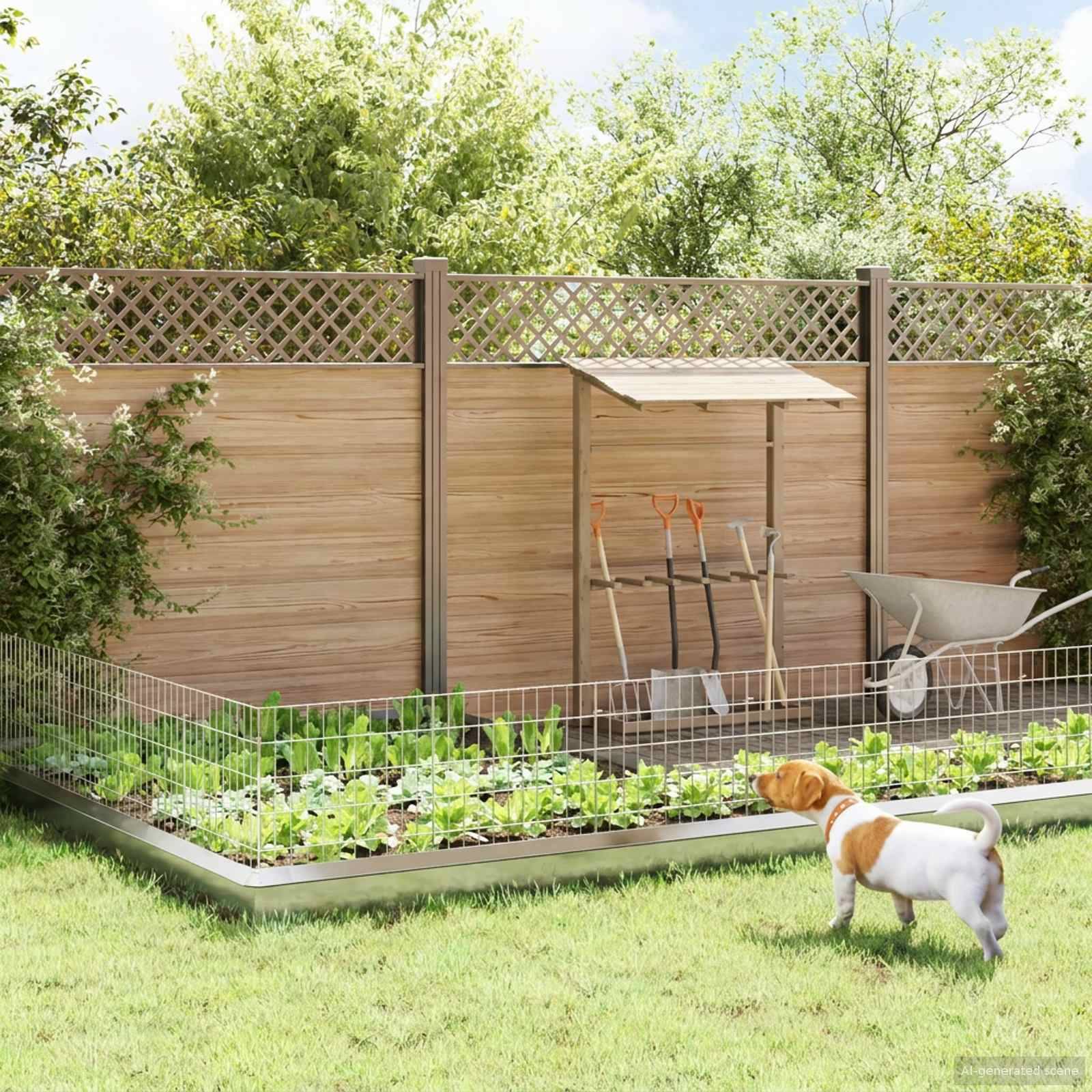 Ein kleiner Hund steht neben einem eingezäunten Gemüsegarten im Hinterhof mit Sämlingskulturbetten, einer Schubkarre und Gartengeräten unter einem Holzunterstand.