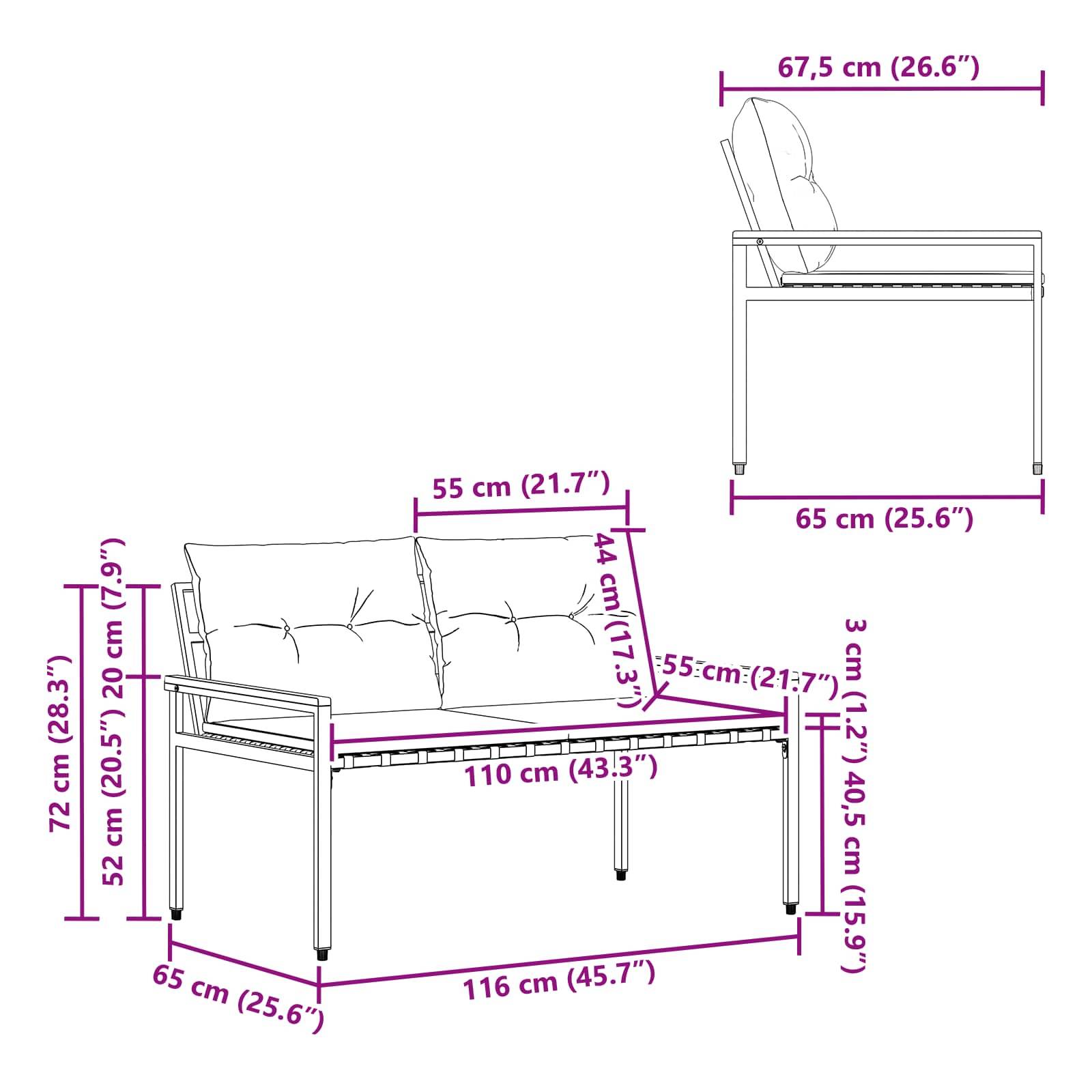 vidaXL Bank Outdoor 2 -Seater 116 x 67,5 x 72 cm Poly-Rattan Cremeweiß