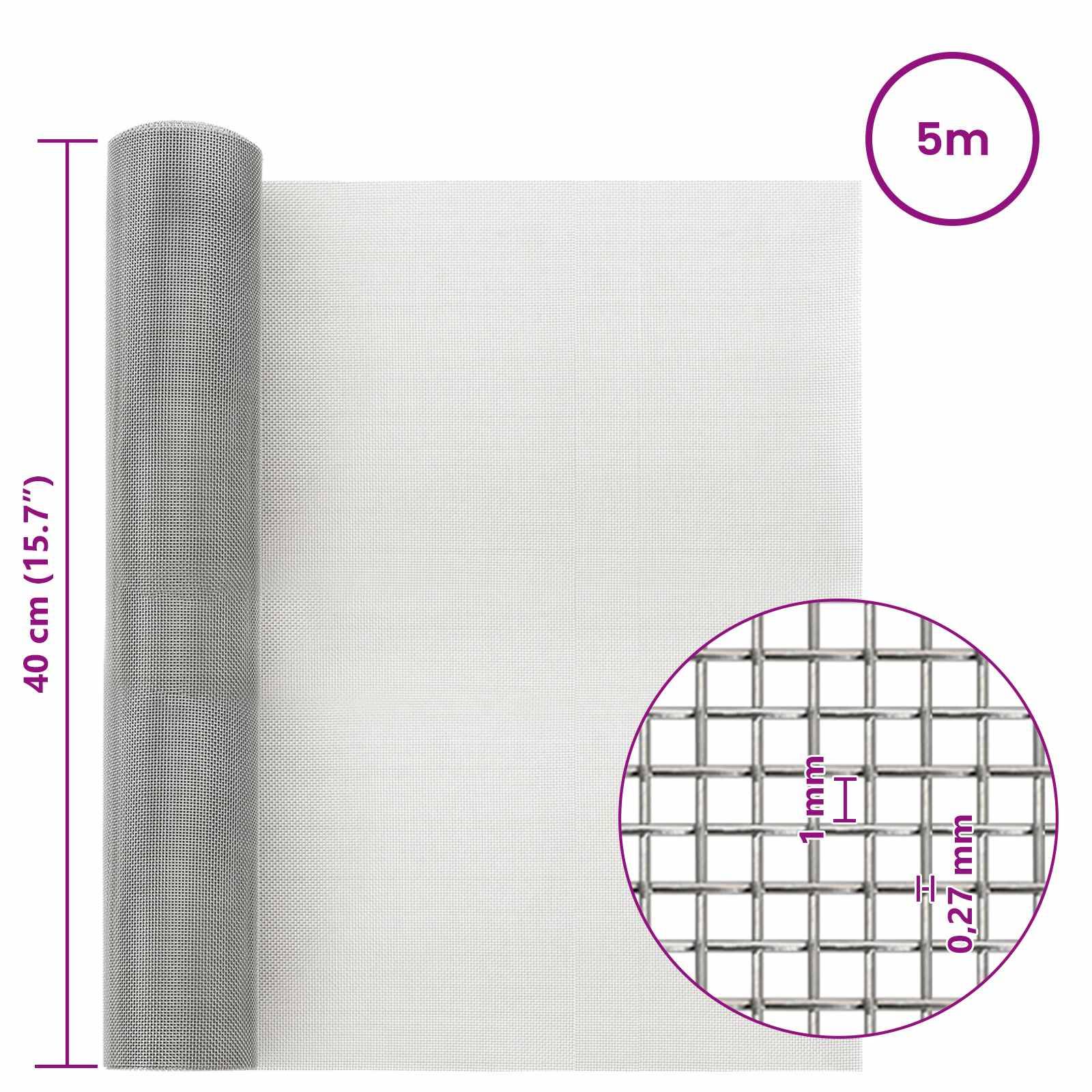 Rolle aus Silbermaschendraht mit Bezeichnung 5m, dargestellt mit Abmessungen 40 cm (15,7