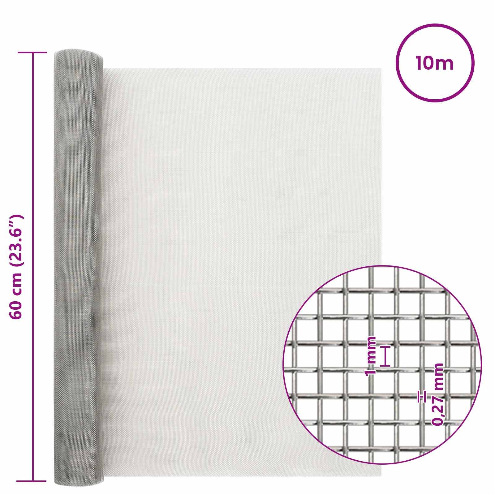 vidaXL Mesh Bildschirm 60 x 1000 cm 20 Mesh Edelstahl 201 Silber
