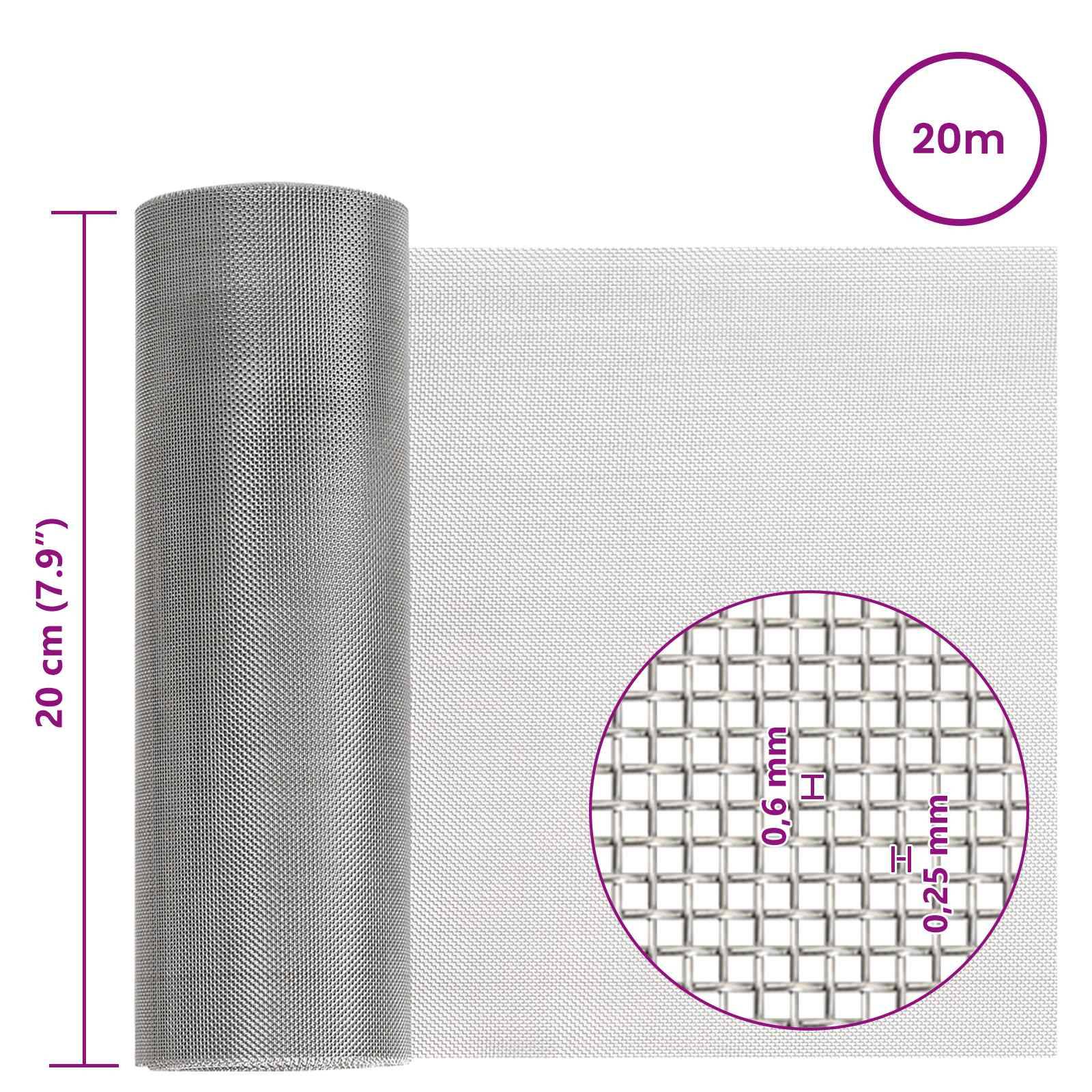 vidaXL Mesh Bildschirm 20 x 2000 cm 30 Mesh Edelstahl 201 Silber