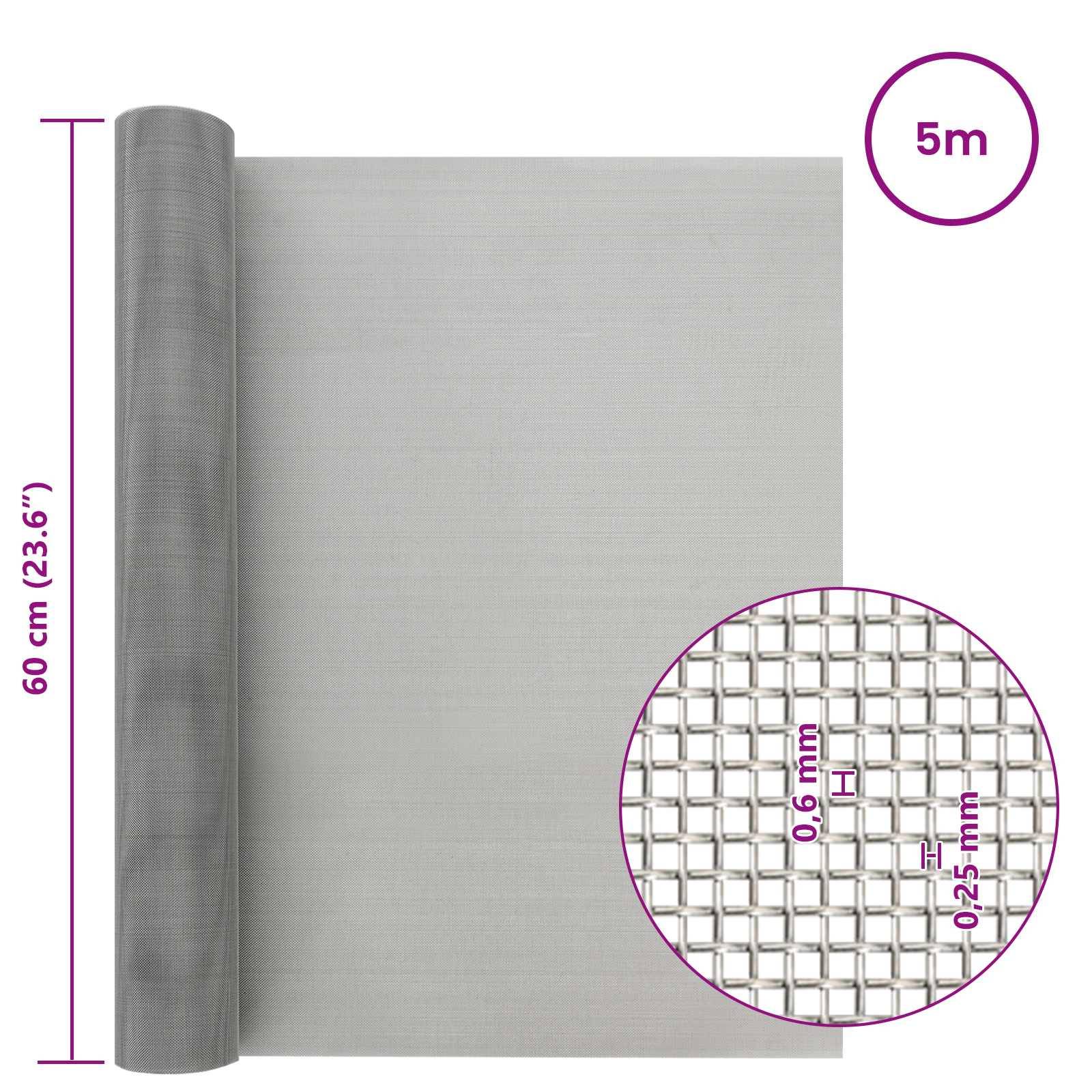vidaXL Mesh Bildschirm 60 x 500 cm 30 Mesh Edelstahl 201 Silber