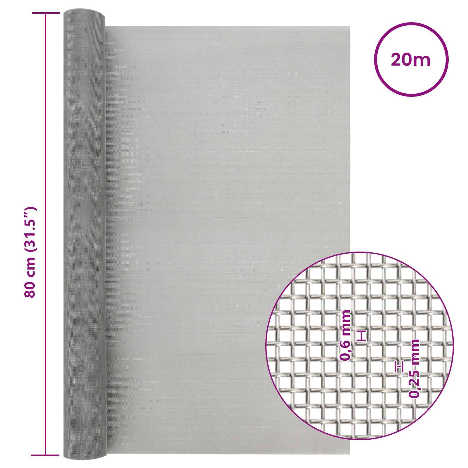 vidaXL Mesh Bildschirm 80 x 2000 cm 30 Mesh Edelstahl 201 Silber